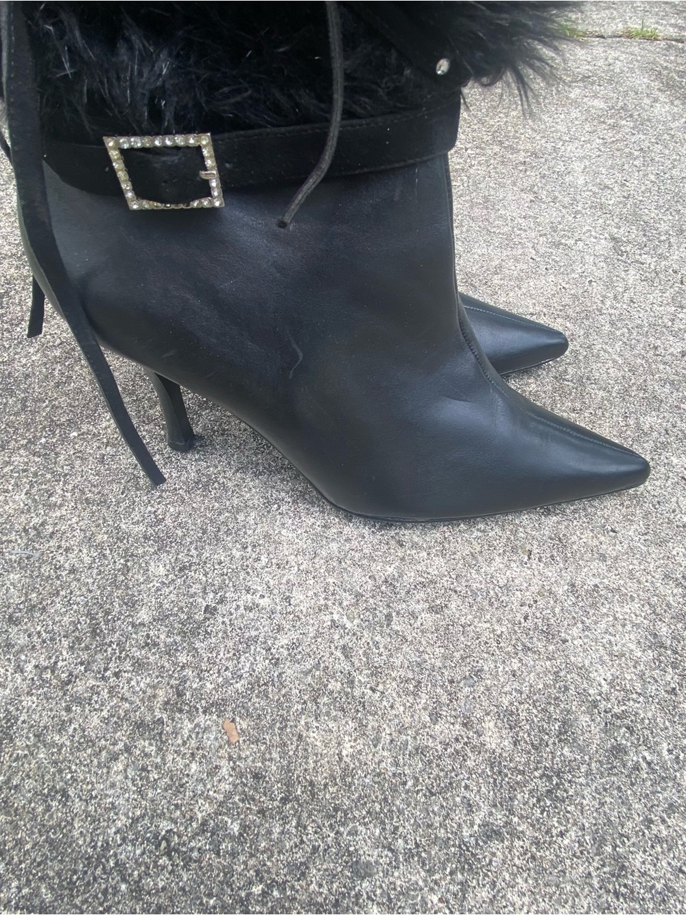 Y2K Black Leather & Fur Rhinestone Stiletto Boots Size 10 - Picture 6 of 8